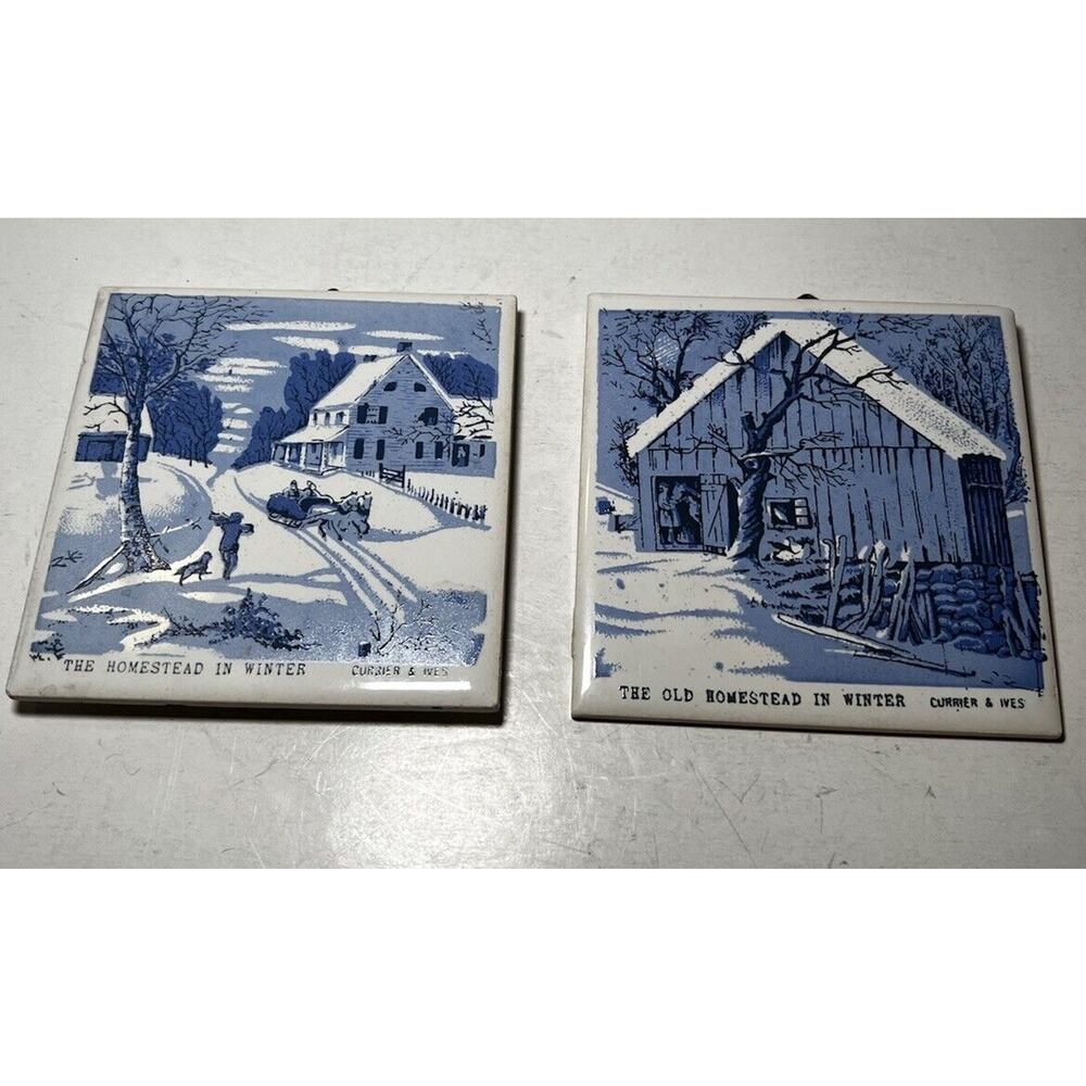 Vintage Courier & Ives Ceramic Tile Trivet Pair Set of 2 Old Homestead In Winter